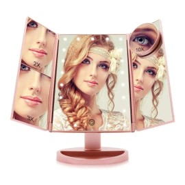 Espejo Maquillaje Luz Tríptica Aumentos 10x/3x/2x Rosa Oro