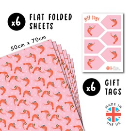 Pink and Orange Wrapping Paper - Cowboy Shrimp - 6 Sheets for Birthday, Christmas, Anniversary, All Occasions - Funny for Men and Women - With Tags - Recyclable
