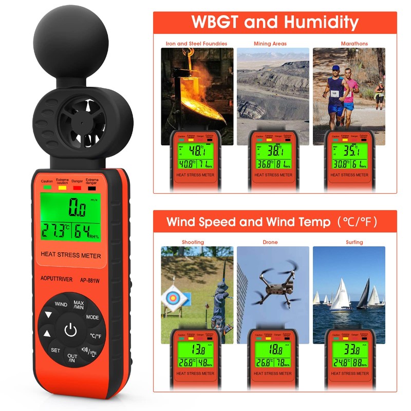 Heat Stress Meter Anemometer, Wet Bulb Globe Heat Stress Meter