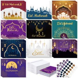 Yeaqee 100 Pack Eid Mubarak Cards with Envelopes and Stickers Ramadan Mubarak Greeting Cards Religious Holiday Greeting Gifts