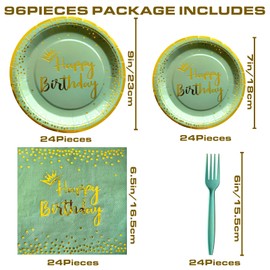 96 Pieces Green and Gold Birthday Plates and Napkins Party Supplies,Plastic Forks Serve 24 Guests for Birthday Party Decorations