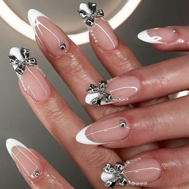 24 Pcs Spring Press on Nails Short Almond,YIHONGYAN 3D Pearl Cute Bow Design Fake Nails Press ons Pink French Nail Tip Acrylic Kit Glue on Nails Full Cover False Nails Glossy Stick on Nails for Woman