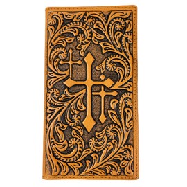 Urbalabs Western Cowboy Leather Long Wallets for Men Checkbook Tooled Wallet Tri Cross Bifold Long Cowboys Billfold Hand Stitched Rodeo RFID Blocking Mens Long Wallet Rodeo Style Cowboy Up (Tan)