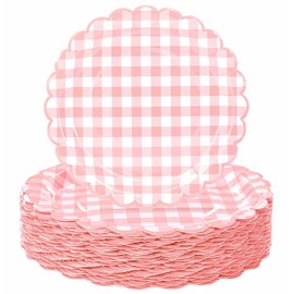 HEIPINIUYE 50 Pieces Light Pink Gingham Paper Plates 7 Inch Baby Pink and White Scalloped Plates Disposable Dinner Plate for Wedding Baby Shower Birthday Party Checkered Dessert Plate