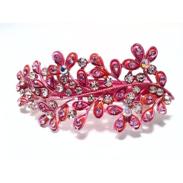 Leaf design hair Barrette Pink Color with Rhinestone and diamond accent