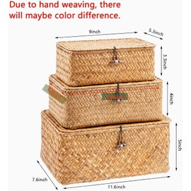 Pack of 3 Wicker Storage Baskets with Lid, Rattan Storage Basket, Woven Rattan Seagrass Braided Rectangular Storage Basket for Organising Rattan Retains