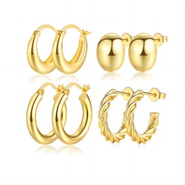 Chunky Gold Hoop Earrings Set 14k Gold Plated Hoop Earrings for Women 4 Pairs Small Gold Huggie Hoop Earrings Hypoallergenic Thick Gold Hoop Earrings Valentine's Day Birthday Gift for Women