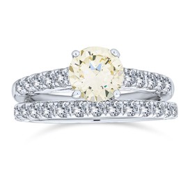 1 CT Brilliant Canary Yellow Cubic Zirconia Round Princess Cut Solitaire Cathedral Setting Thin Eternity Pave Band AAA CZ Anniversary Engagement Wedding Ring Set .925 Sterling Silver