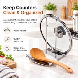 Stainless Steel Pot Lid Rack for Kitchen – Detachable Pan Cover, Spatula & Spoon Holder Stand