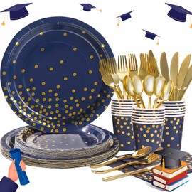 Gudvilla 168Pcs Navy Blue Plates and Napkins Party Supplies, Blue Paper Plates Serve 24, blue and Gold Party Decorations, for Birthday, Fathers Day, Graduation, 4th of July