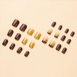 Square Press on Nails Short Fake Nails Brown French Tip Fall False Nails with Glitter Sequins Line Design Full Cover Acrylic Glue on Nails Glossy Artificial Stick on Nails for Women Manicure 24Pcs