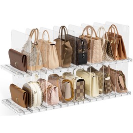 JOYZAN Stackable Purse Organizer for Closet, Adjustable Shelf Dividers for Closet Organizer Clear Acrylic Closet Purse Organizer Detachable Handbag Storage Separator Dividers for Home, Office - 4 Pack