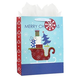 LEAYUGF 13" Large Sky Blue Christmas Gift Bag with Tissue Paper Snowflake Christmas Tree For Christmas Birthday Party Anniversaries Supplies with Handles