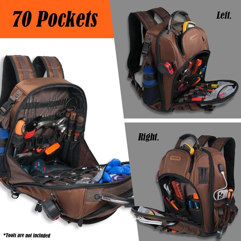 WELKINLAND-70Pockets HVAC Backpack, Heavy-Duty Electrician Tool Backpack, Hard Bottom Tool