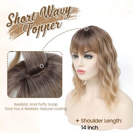 Flyroseing Hair Topper, 6.5x6.5" Large Base Hair Toppers for Thinning Hair Women, 14 Inch Hair Topper with Fringe for Hair Loss Ombre Dark Blonde Wavy Synthetic Wiglets Hair Pieces for Women