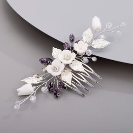 Chargances Wedding Purple Rhinestone Hair Comb Bridal White Flower Leaf Hair Side Comb Silver Crystal Handmade Headpiece Hair Accessories for Women and Girls (Purple)