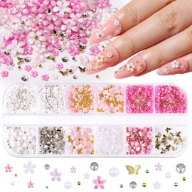 3D Flower Nail Charms and Gems with Nail Beads & Butterfly - Rose/White/Pink Flowers + Gold/Silver Caviar Beads + White Rhinestones Half Pearls + Metal Gold Butterfly for DIY Nails (3-S1-Glitter)