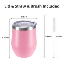 FristChoice 12 oz Insulated Wine Tumbler with Lid and Straw,Stainless Steel Stemless Wine Tumbler Glasses Double Wall Vacuum Wine Cups Tumbler Bulk for Coffee,Champaign,Cocktail,Office（Pink,1）