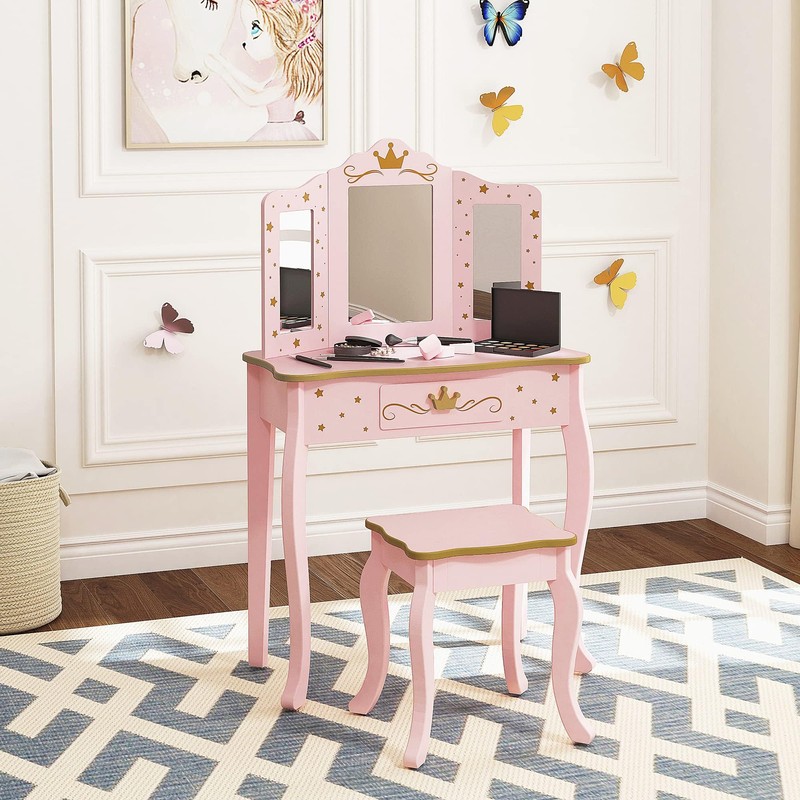 UTEX Kids Vanity Set with Mirror and Stool, Kids Make