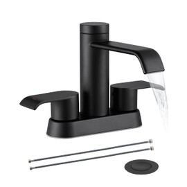 Matte Black Bathroom Sink Faucet - HEISOK 4 Inch Waterfall Bathroom Faucet with Overflow Pop Up Drain & Supply Hose, Stainless Steel 2 Handles Centerset Lavatory Vanity Bath Faucet for 2 or 3 Hole