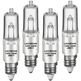 Lachesan JDE11 120v 100w, E11 Halogen Light Bulb,Dimmable T4 Mini Candelabra Base(Replacement E11 Led Bulb), 2700K Warm White for Chandeliers, Ceiling Fan, Table Lamps, Cabinet Lighting, 4 Pack