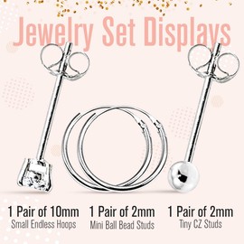 Silver Hoop Cartilage Earrings 10mm Endless, 2mm Tiny Sterling CZ & Ball Bead Stud Earrings for Women Men, 3 Pairs Set