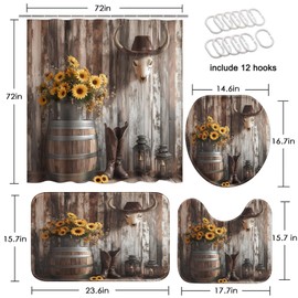 Tayney Western Cowboy Floral Shower Curtain Set with Toilet Lid Cover and Non-Slip Rugs, Farmhouse Barn Door Country 4 Pcs Shower Curtain with 12 Hooks, Rustic Bathroom Set with Rugs and Accessories