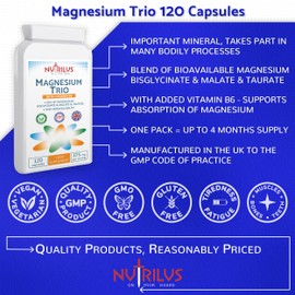 Magnesium Trio Complex 120 Capsules 375mg per Serving - Magnesium Bisglycinate & Malate & Taurate and Vitamin B6 - Vegan UK Made Supplement