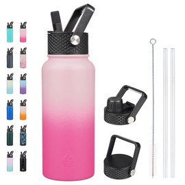 BJPKPK Insulated Water Bottles with Straw Lid, 32oz Metal Large Water Bottle with 3 Lids, Reusable Leak Proof BPA Free Thermos, Stainless Steel Canteen Water Bottle for Sports, Gym & Travel-Cherry