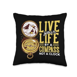 Outdoor Hiking Trail Shirts & Funny Hiking Gifts Live by A Compass Not A Clock Outdoor Hiking Throw Pillow, 16x16, Multicolor