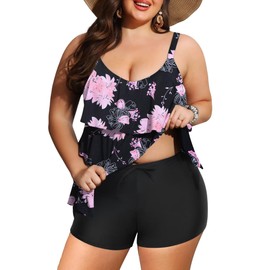 FOLUNSI Women's Plus Size Tankini Swimsuits Ruffled Flounce Swimwear Tummy Control Two Piece Bathing Suits Orange Floral, 1XL