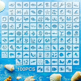 100 Pcs Stencils for Painting on Wood Reusable Stencil Crafts Drawing Templates Holiday Stencils Wall Paper Stencil Set for DIY Art Scrapbook Home Decor 2 x 2 Inch (Marine Life)