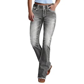 AprPith Women Mid Waisted Bootcut Jeans Zip Stretchy Slim Casual Double Button Flare Denim Pants with Distressed Pocket Gray