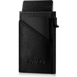SURAZO® Genuine Leather Mini Card Holder, Credit Card Holder with Coin Compartment, Slim Wallet with Card Slot, Metal Pop Wallet with RFID Protection, Mini Leather Card Case Wallet, Small Card Holder