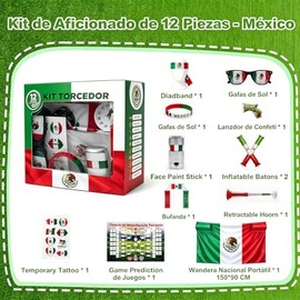 12 PCS Aficionados al Fútbol para Copa Mundial 2026 México,Incluye Bufanda,Gafas,Pulsera,Bandera Mexicana,Accesorios Aplaudir y Pintura Facial, Pegati