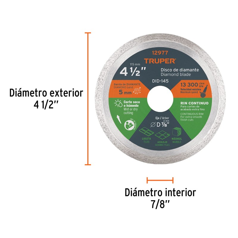 Truper DID-145, Disco de diamante de 4-1/2" x 1.6 mm,