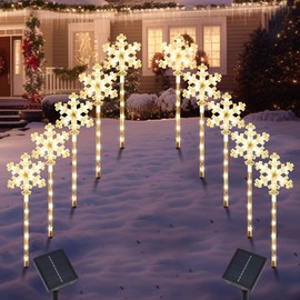 Solar Christmas Snowflake Pathway Lights, Set of 10 Outdoor Garden Lights Decorations，Waterproof Stake Decorative Light for Yard Lawn Porch Walkway Decor (Warm White, 10 Pack)