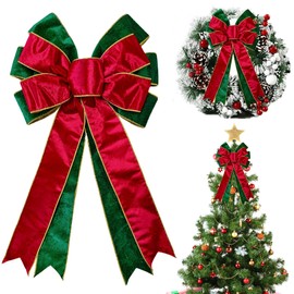HIENAJ Large Christmas Bows for Wreath, Red Green Velvet Wreath Bows for Xmas Décor Christmas Velvet Winter Bow for Front Door Indoor Outdoor Wall Tree Topper Decoration Supplies Christmas Ornament