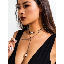 Stocking Stuffers Gifts for Women Pearl Necklace for Women Long Necklace Y Necklace Double Layered Necklace Black Rope Necklace Weave Necklace B