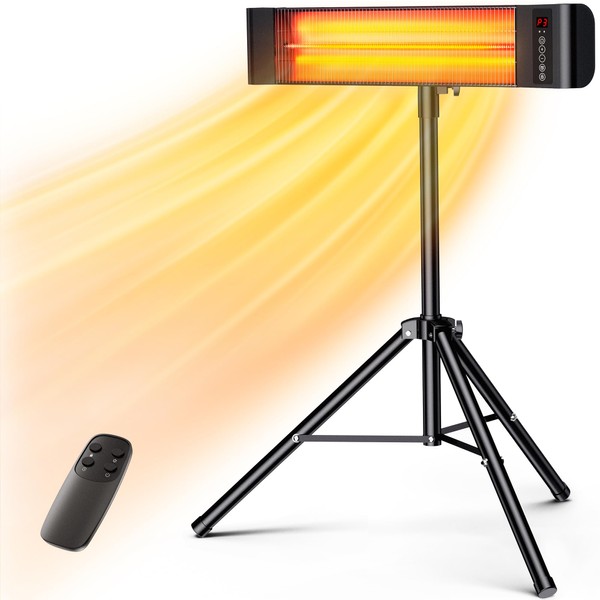 VAGKRI Outdoor Heaters, 1s Heating Electric Infrared Patio Heaters with Remote, 12H Timer, 3 Heat Levels, IP65 Waterproof, Electric Wall Heaters with Tripod Stand for Home, Office, Patio and Garage