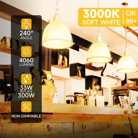 Prosperbiz 300W Equivalent LED Light Bulb, Super Bright 4060 Lumen Warm White 3000K, A23 E26 Medium Base 33 Watt LED Bulb for Garage Warehouse Workshop Backyard Patio Street Supermarket, 4-Pack