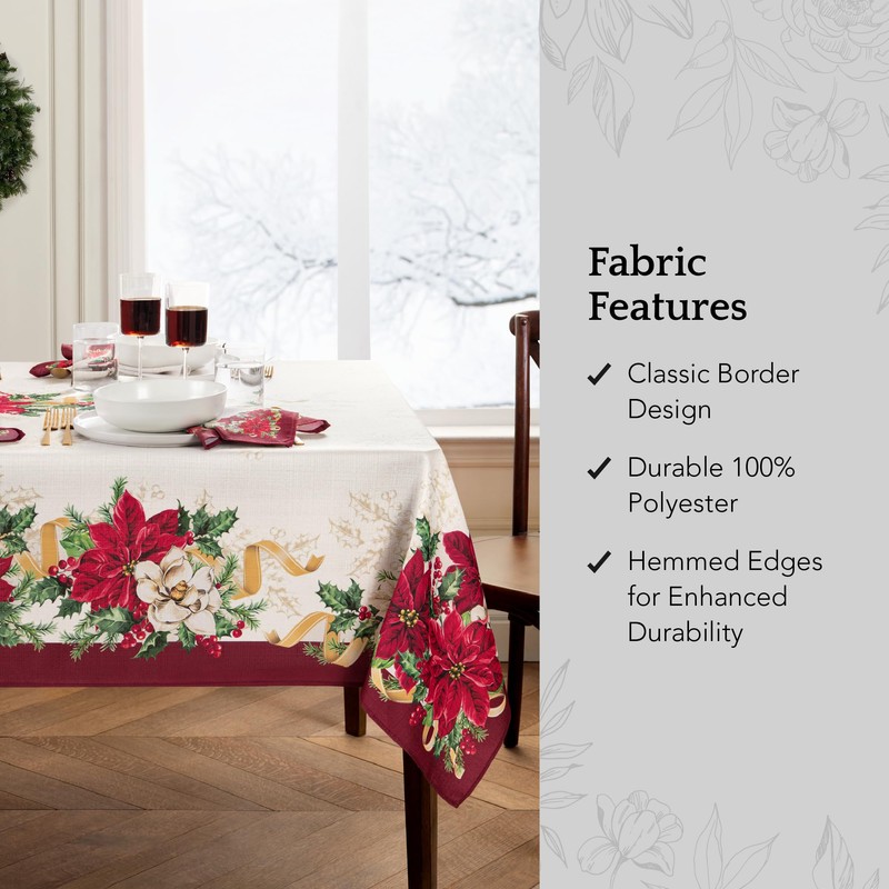 Elrene Home Fashions Poinsettia Garlands Holiday Engineered Wrinkle Resistant Tablecloth,