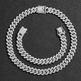 Jacruces Mens Silver Cuban Link Chain for Women Simulated Diamond Chain Necklace Iced Out Chain Bling Necklace miami Cuban Link Bracelet Hip Hop Jewelry for Men and Women 20 inch