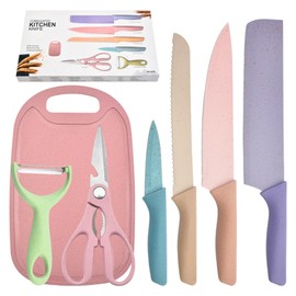 7 PCS Wheat Straw Knife Set Chef Knife Bread Knife Peeling Knife Scissors Peeler Cutter Kit with Chopping Board