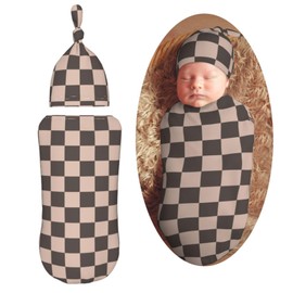Coffee Brown Checkered Plaid Swaddle Blanket with Beanie Hat Set Newborn Swaddle Wrap Soft Baby Receiving Blankets Baby Swaddle Sleep Sack for Baby Boys and Girls