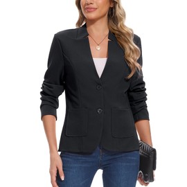 MINTLIMIT Women's Long Sleeve Blazer Casual & Work Jacket with Notch Collarless Design 2-Button Closure Patch Pockets Cotton & Tencel Spring Summer Autumn (Black S)