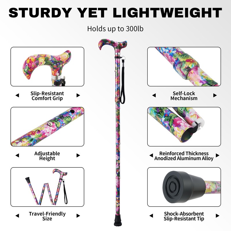 YOKABOZE Aluminum Adjustable Folding Cane with Floral Pattern – Twist-Lock