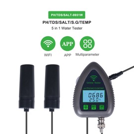 Tuya WiFi 5in1 Water Quality Online Monitor PH Total Dissolved Solids S.G Salinity Temperature Test Meter Multi-functional Mariculture Tester for Drinking Water Aquarium Aquaculture Swimming Pool