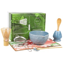 8Pcs Blue Matcha Set–Ceramic Matcha Bowl, Matcha Whisk with Sakura Charm Complete Japanese Matcha Kit with Whisk, Scoop, Sifter & Cloth