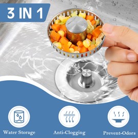 Sink Drain Strainer 3 in 1, 304 Stainless Steel Pop Up Kitchen Sink Stopper with Anti-Clogging Basket, Kitchen Essential Drain Anti-Clog Gadgets, Fits US Standard 3-1/2'' Sink Drain (SUS 304 Brushed)